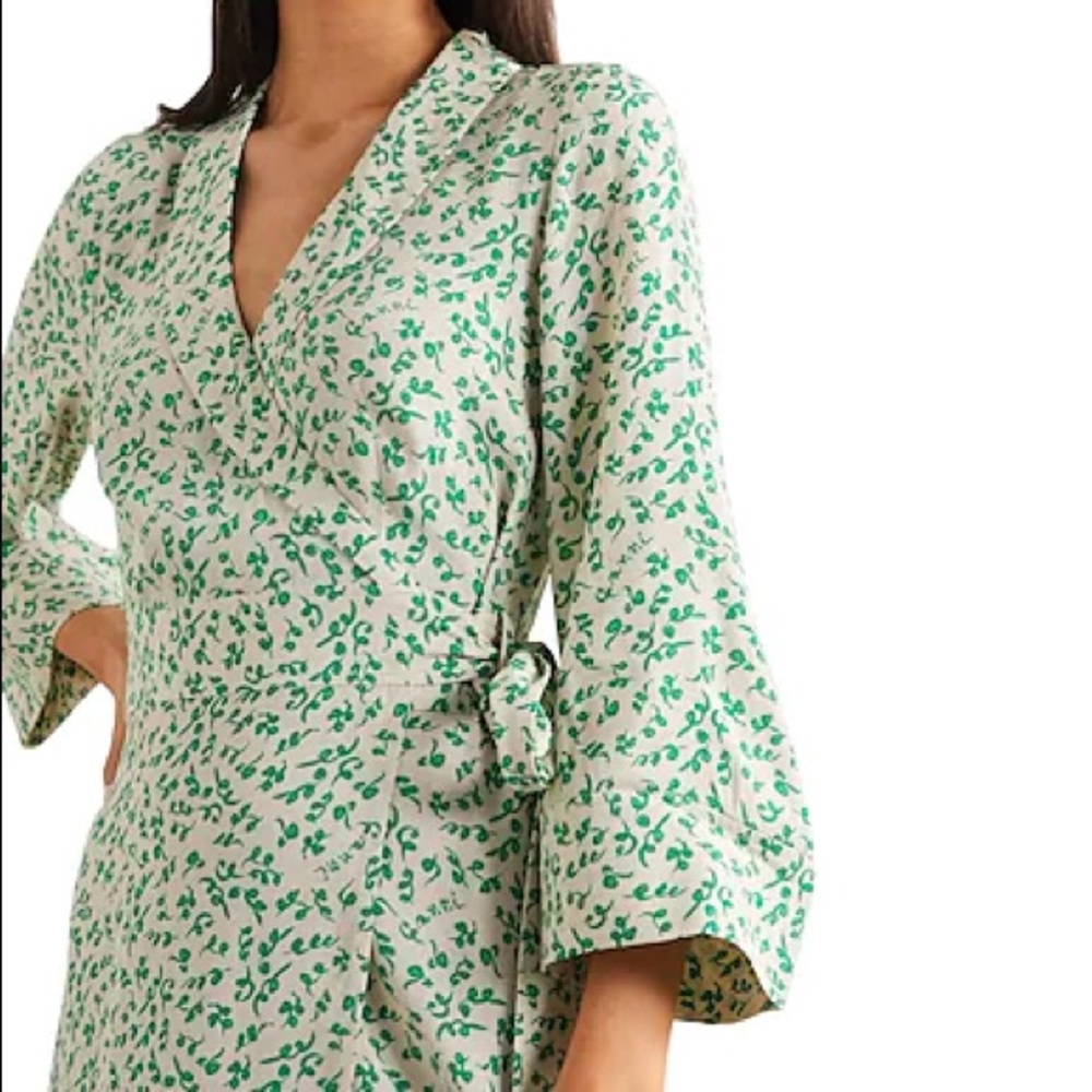 Ganni Printed Crepe Wrap Dress In Tapioca Floral - Picture 5 of 8